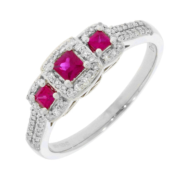 18ct white gold ruby and diamond 3 stone ring