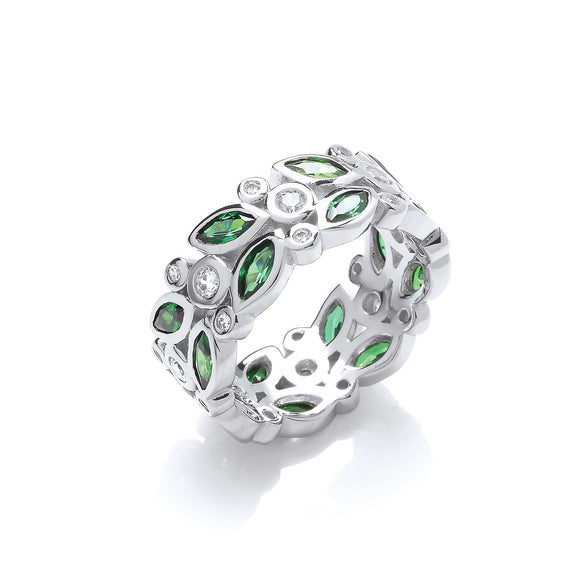 Sterling Silver & Green Cubic Zirconia Floral Band Ring