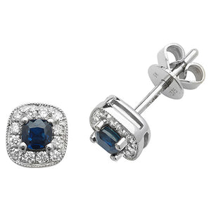 white gold daimond and sapphire cushion shaped stud earrings