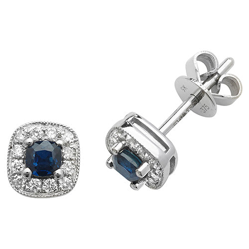 white gold daimond and sapphire cushion shaped stud earrings