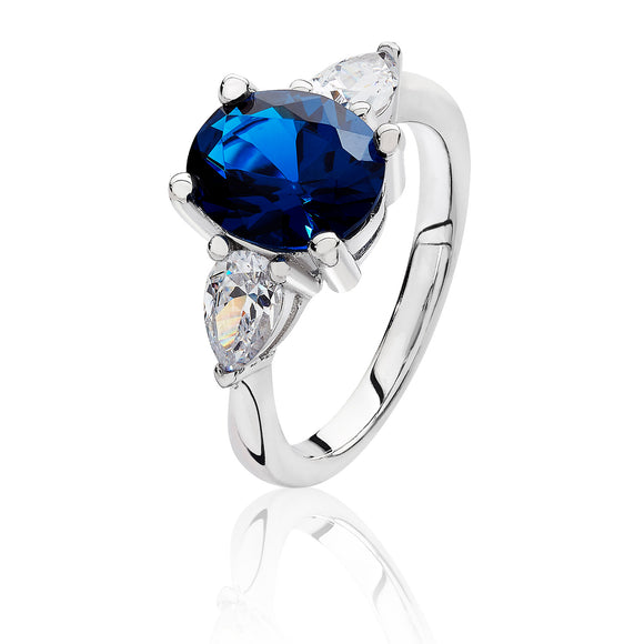 Silver Blue Oval CZ Ring